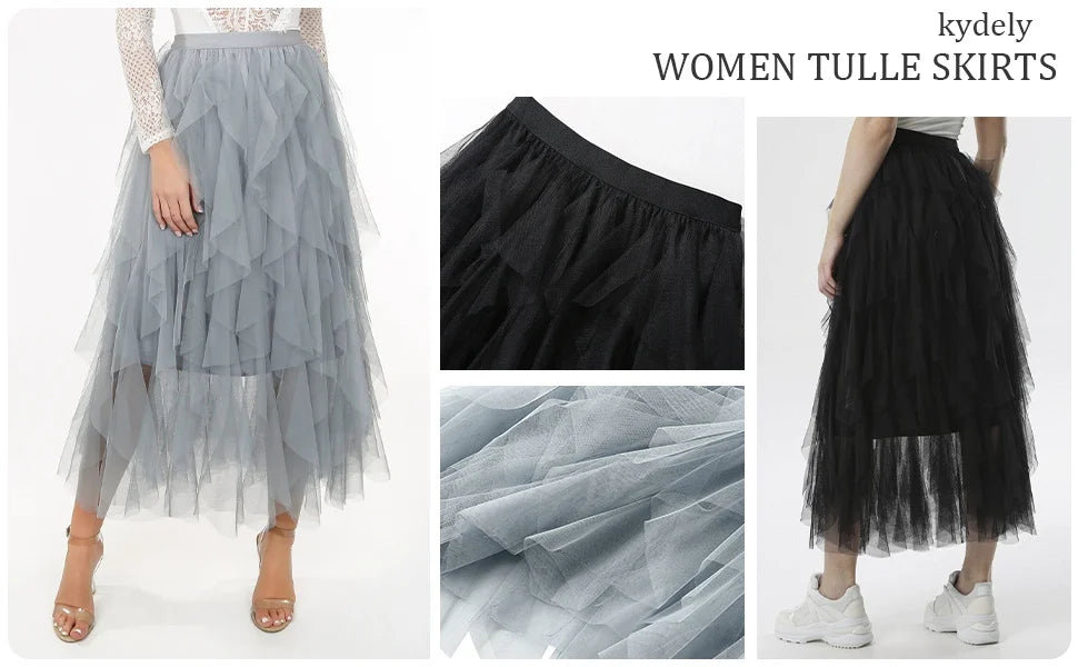 Tulle Skirts for Women Long Length Tutu Fairy Tiered Skirt A Line Mesh Elastic Waist Skirts Big Hem Black Gray Pink Beige Skirts