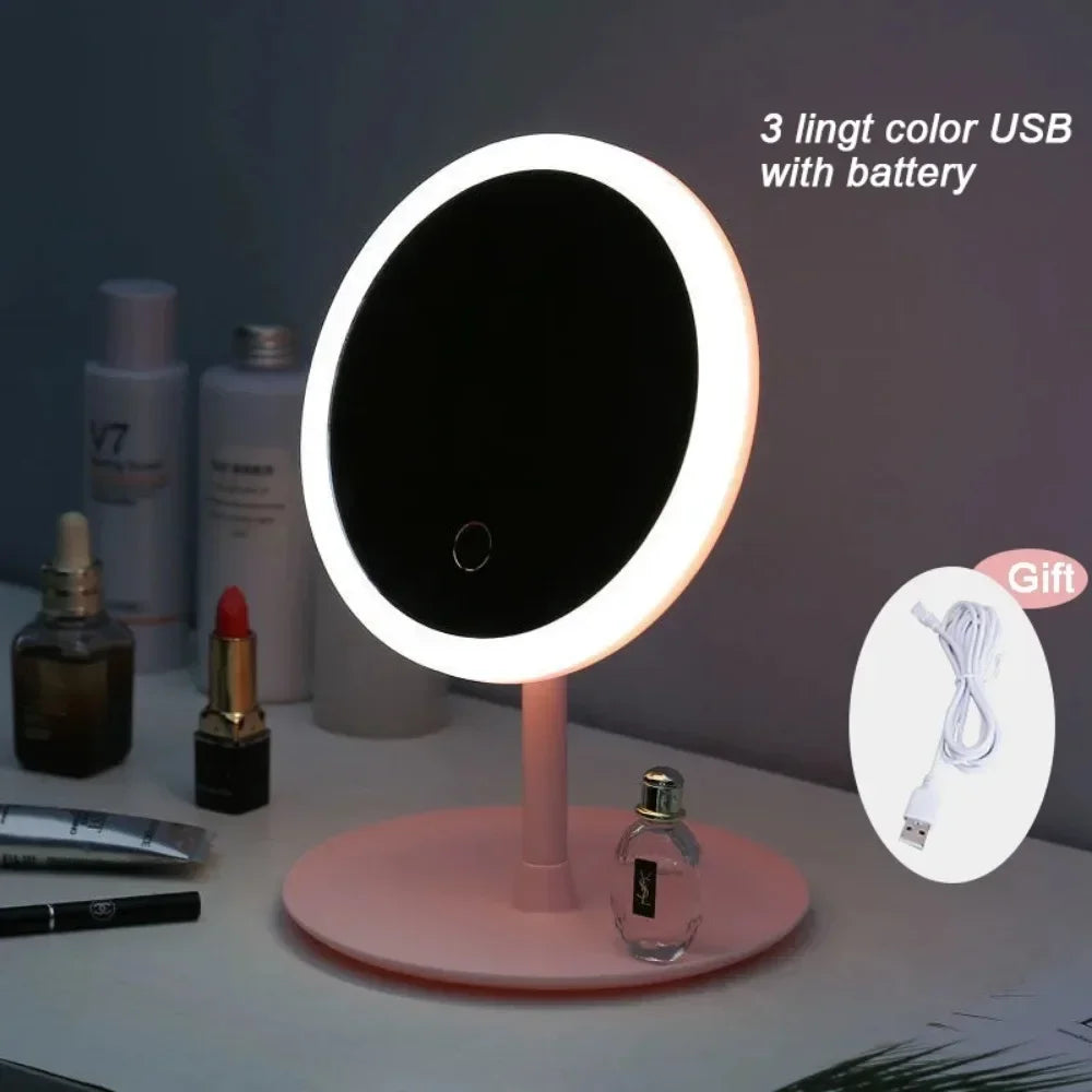 Vanity Cosmetic Mirror Storage Base Mirror With Gift USB Rechargeable Detachable 3 Modes Makeup Mirror With Light LED Portable@C