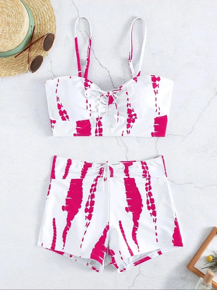 Drawstring Front Shorts Bikinis 2024 High Waist Swimsuit Women Swimwear Female Bathers Bathing Swimming Swim Suit Beachwear