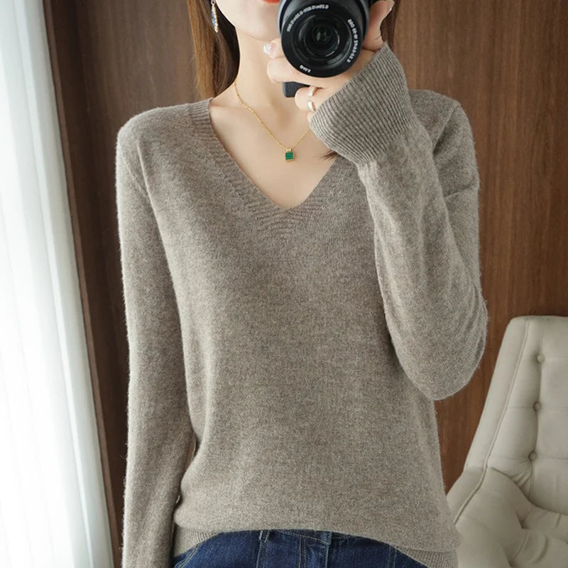 New Cashmere Women's V-neck Pullover Lace Neck Hollow Out Design Casual Knitted Long Sleeve Women's Sweater Autumn And Winter