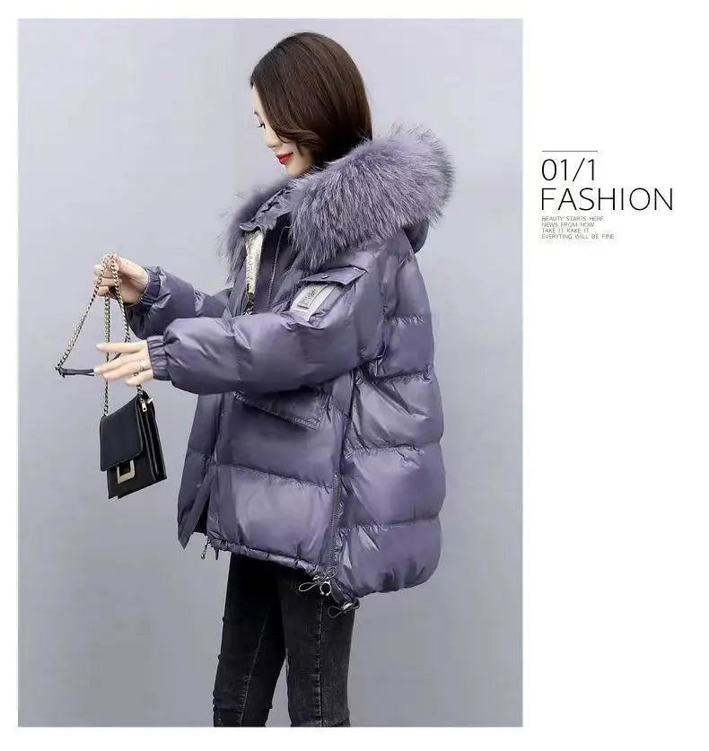 2024 Winter New Warm Down Cotton Jacket With Large Fur collar Hooded Coat Loose Women Thicken Parker Puffer Overcoat Casual wear