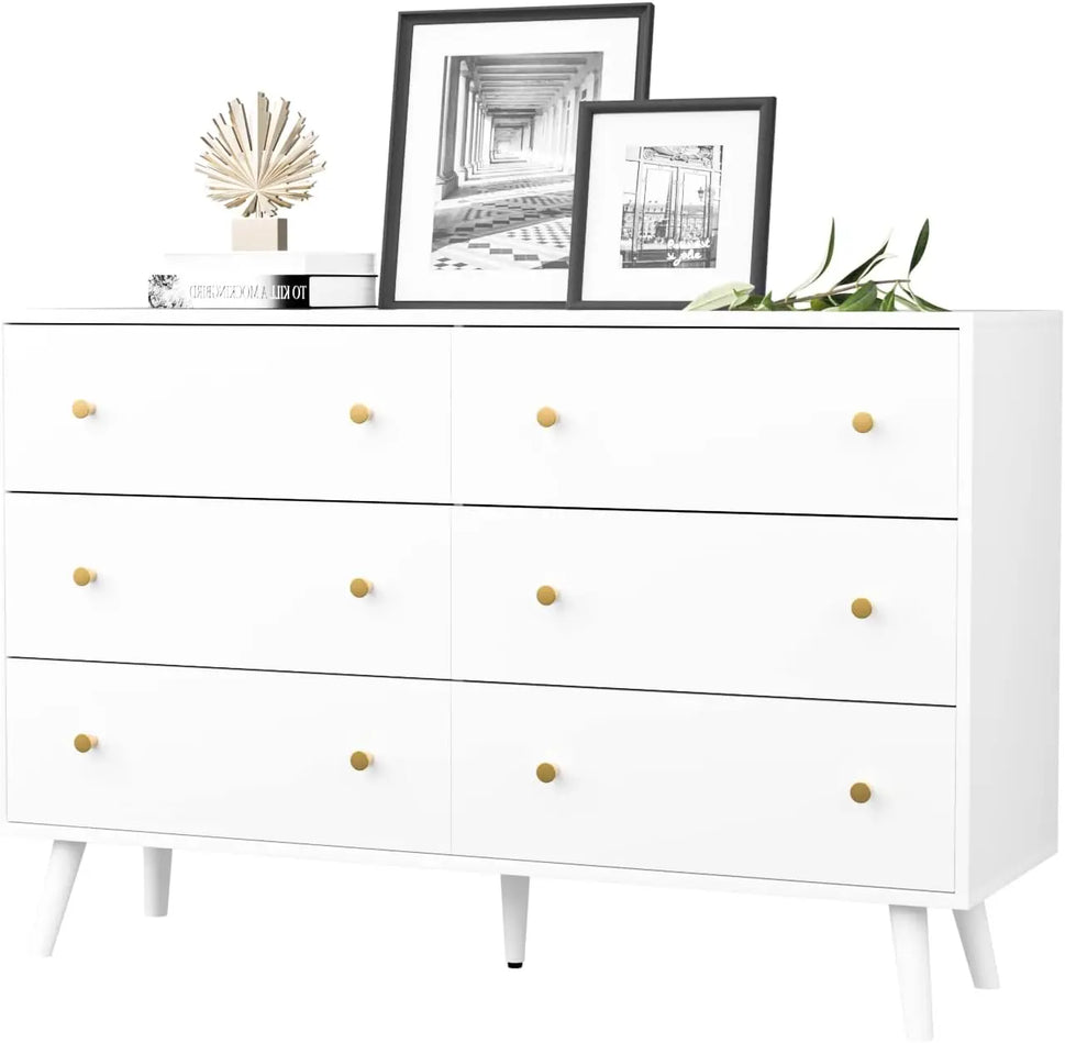 White Dresser for Bedroom, Modern 6 Drawer Dresser, Wide Chest of Drawers with Gold Handles, Wood Double Dresser Storage Cabinet