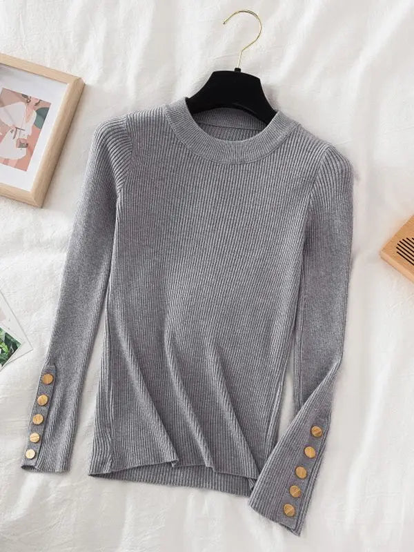 2024 women thick sweater pullovers khaki casual autumn winter button o-neck chic sweater female slim knit top soft jumper tops