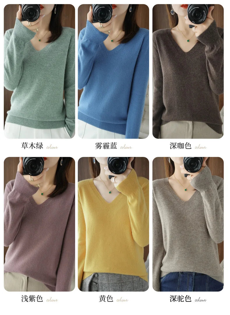 New Cashmere Women's V-neck Pullover Lace Neck Hollow Out Design Casual Knitted Long Sleeve Women's Sweater Autumn And Winter