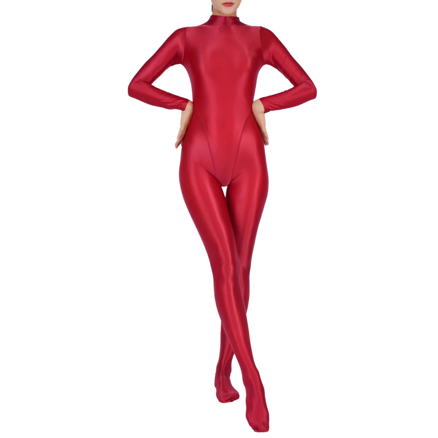 Womens Full Body Jumpsuit Sports Gym Yoga Tights Bodysuit Mock Neck Long Sleeve Footed One Piece Jumpsuit Clubwear Sportwear