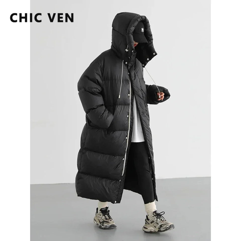 CHIC VEN Women's Down Coats Korean Loose Hooded Thick Warm Long Down Jacket Winter Coat for Women Female Parkas Outerwears 2024