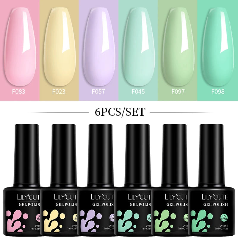 LILYCUTE 6Pcs/Set Macaron Color Gel Nail Polish Set Kit Spring 6 Colors UV LED Nail Art Gel Vernis Semi Permanent Base Top Coat