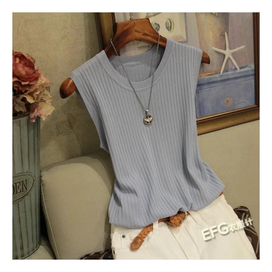 Summer Sleeveless Blouse Women O-neck Knitted Blouse Shirt Women Clothes Women Tops