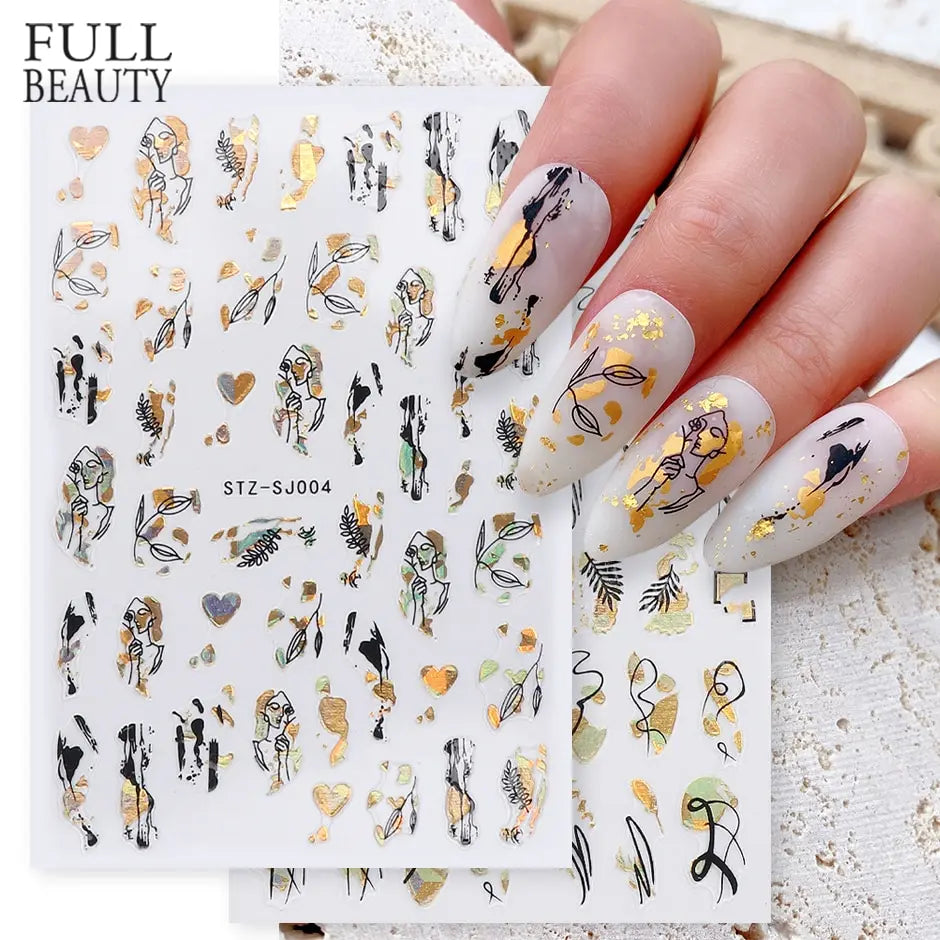 Abstract Geometry Stickers For Nail 3D Laser Gold Black Leaves Heart Line Adhesive Sliders Decor Holographic Decal