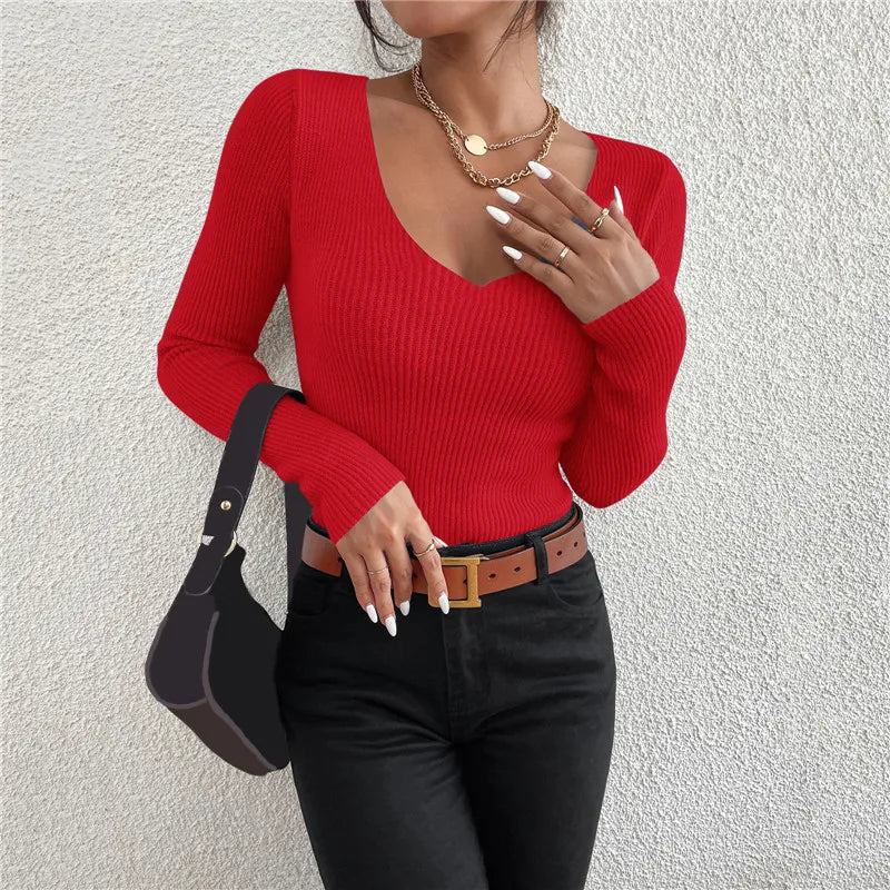 2024 Autumn Winter Women Solid Rib Knit V Neck Stripe Pull Sweater Femme Y2k Long Sleeve Pullover Jersey Tops Fashion Clothes