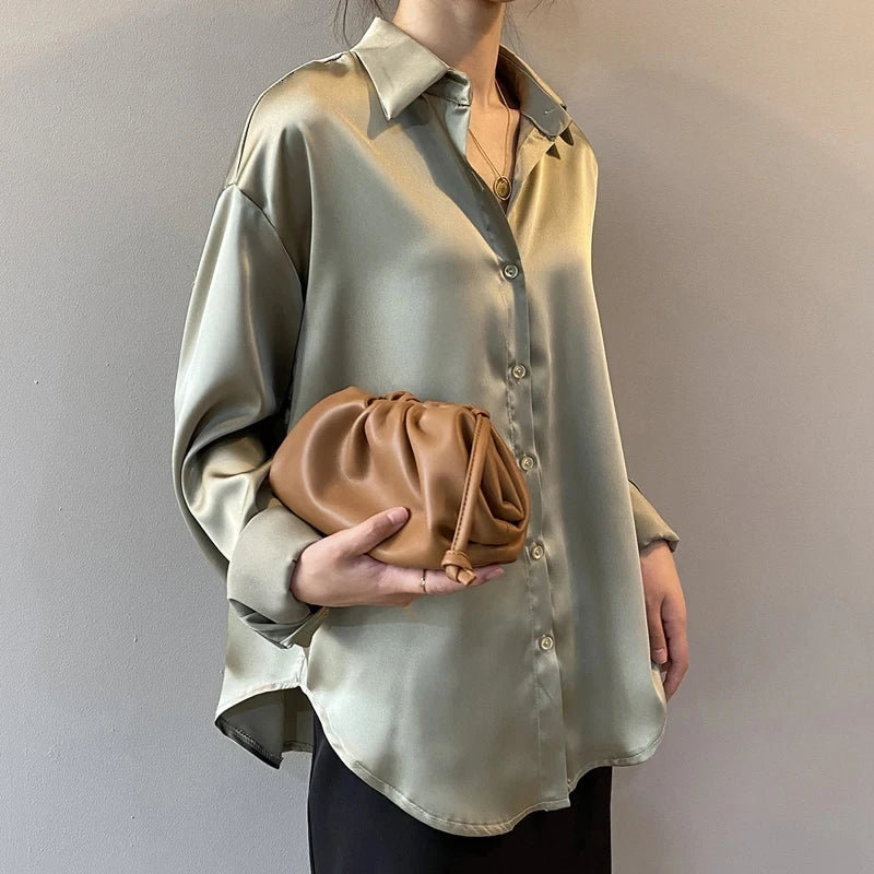 Spring Fashion Button Up Silk Shirt Vintage Blouse Women Satin Tops Office Lady Elegant Long Sleeves Female Loose Shirts 11355