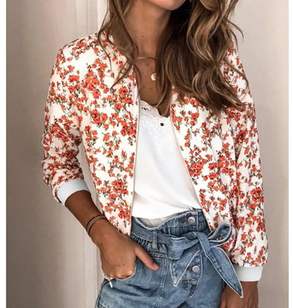 Women Elegant Zipper Bomber Jacket Spring Autumn Floral Printed Jackets Office Wear Slim Office Coat Retro Outwear