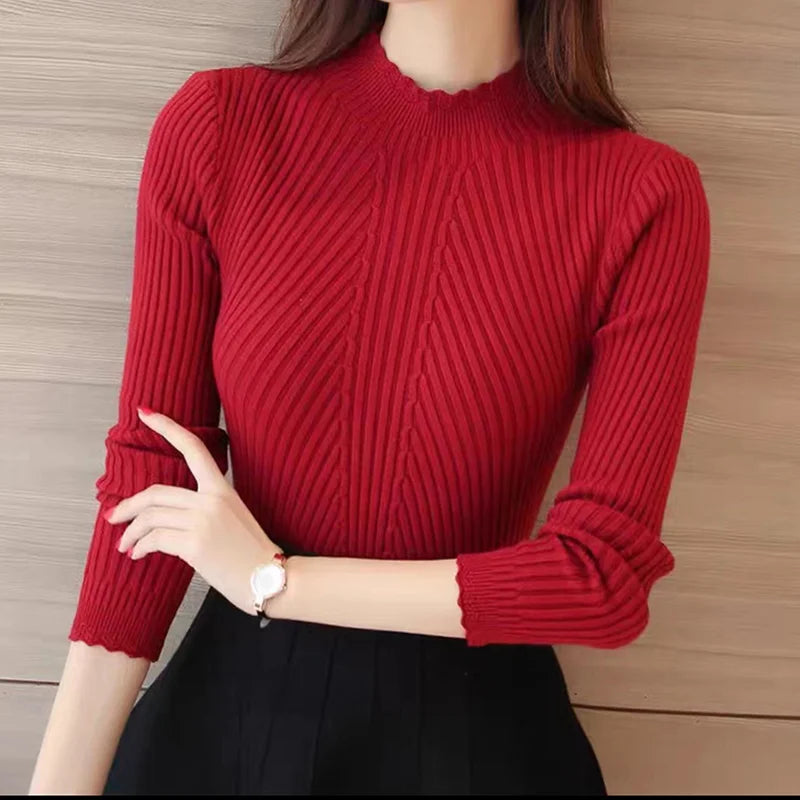 EVNISI Autumn Women Mock Neck Ruffles Sweater Long Sleeve Knitted Bottoming Solid Pullovers Stripe Women Casual Sweater Winter