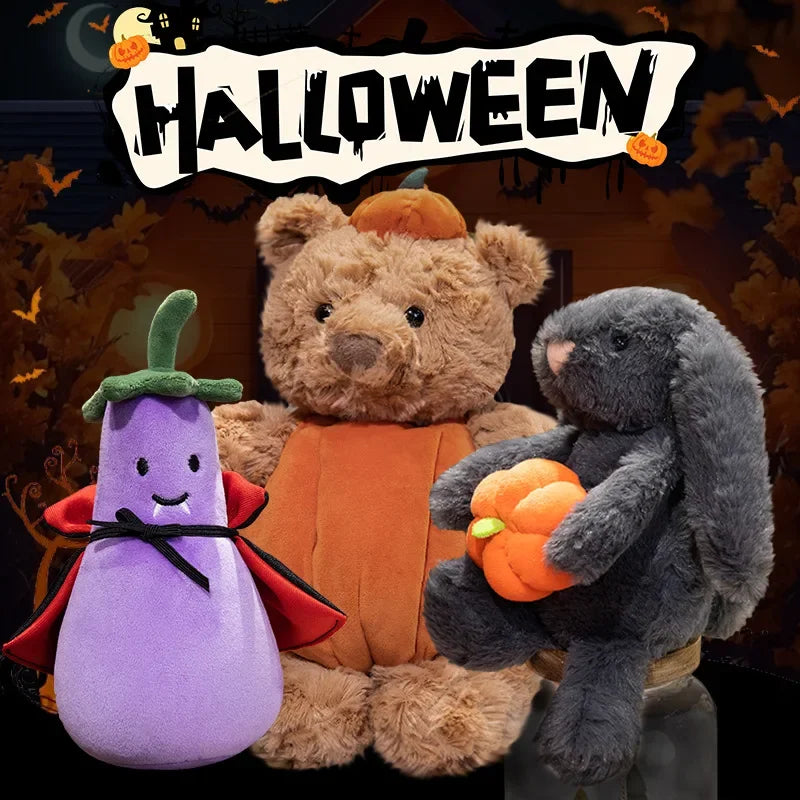 1pc Cute Black Rabbit Hold Pumpkin Plush Toys Soft Pumpkin Bear Earphone &cloak Eggplant Stuffed Doll Halloween Trick or Treat