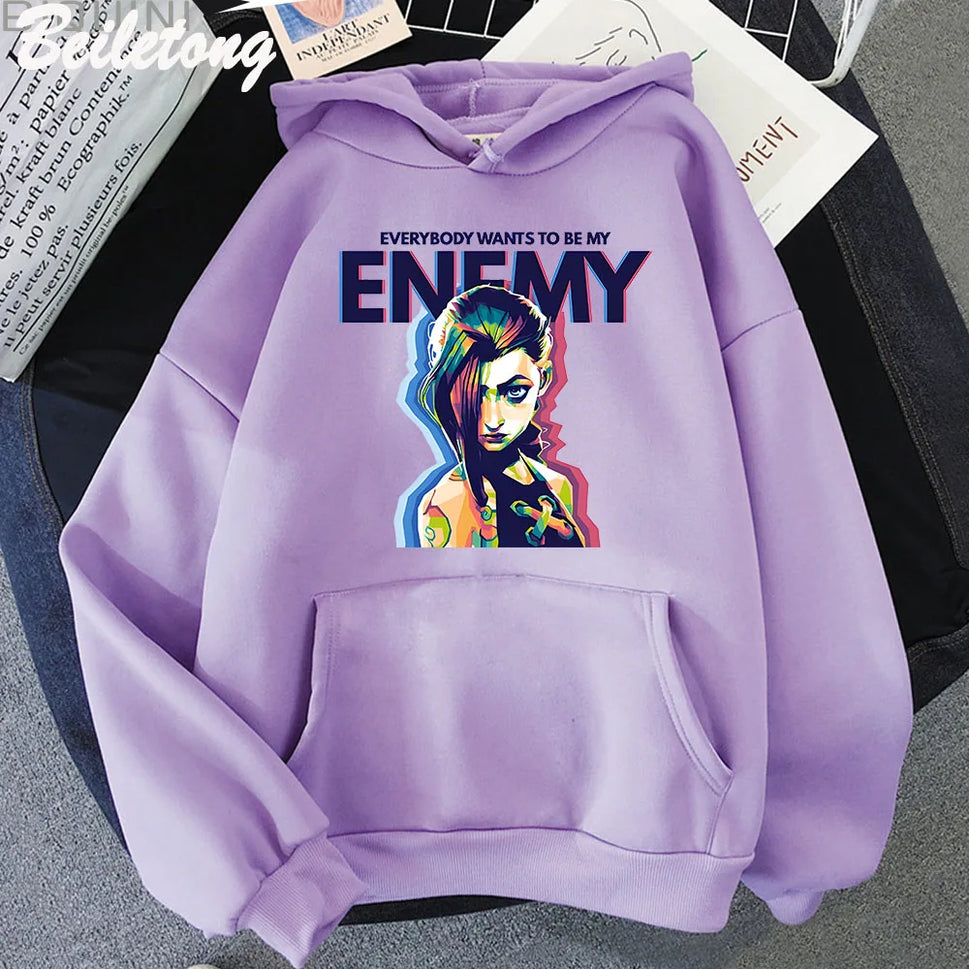 Jinx Arcane Hoodie ENEMY Cool Graphic Print Sweatshirt Women Tracksuit Sudaderas Aesthetic Clothes Streetwear Manga Casual Male