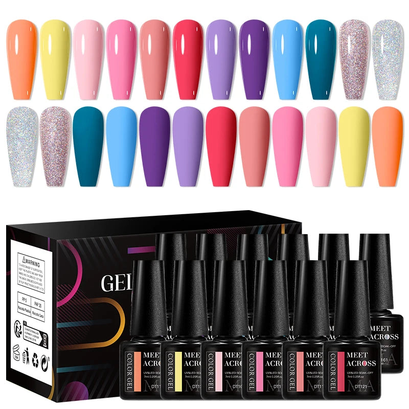 MEET ACROSS 12Pcs/Set 7ml Macaron Gel Nail Polish With Box Semi Permanent UV Gel  Soak Off Nail Art Kit Varnish For Manicure