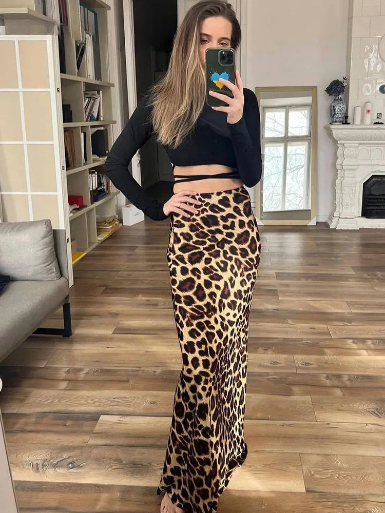 ASDS 2024 Women Fashion Leopard Print Skirt Vintage High Waist Midi Skirts Elegant Women Summer Casual Streetwear Skirt