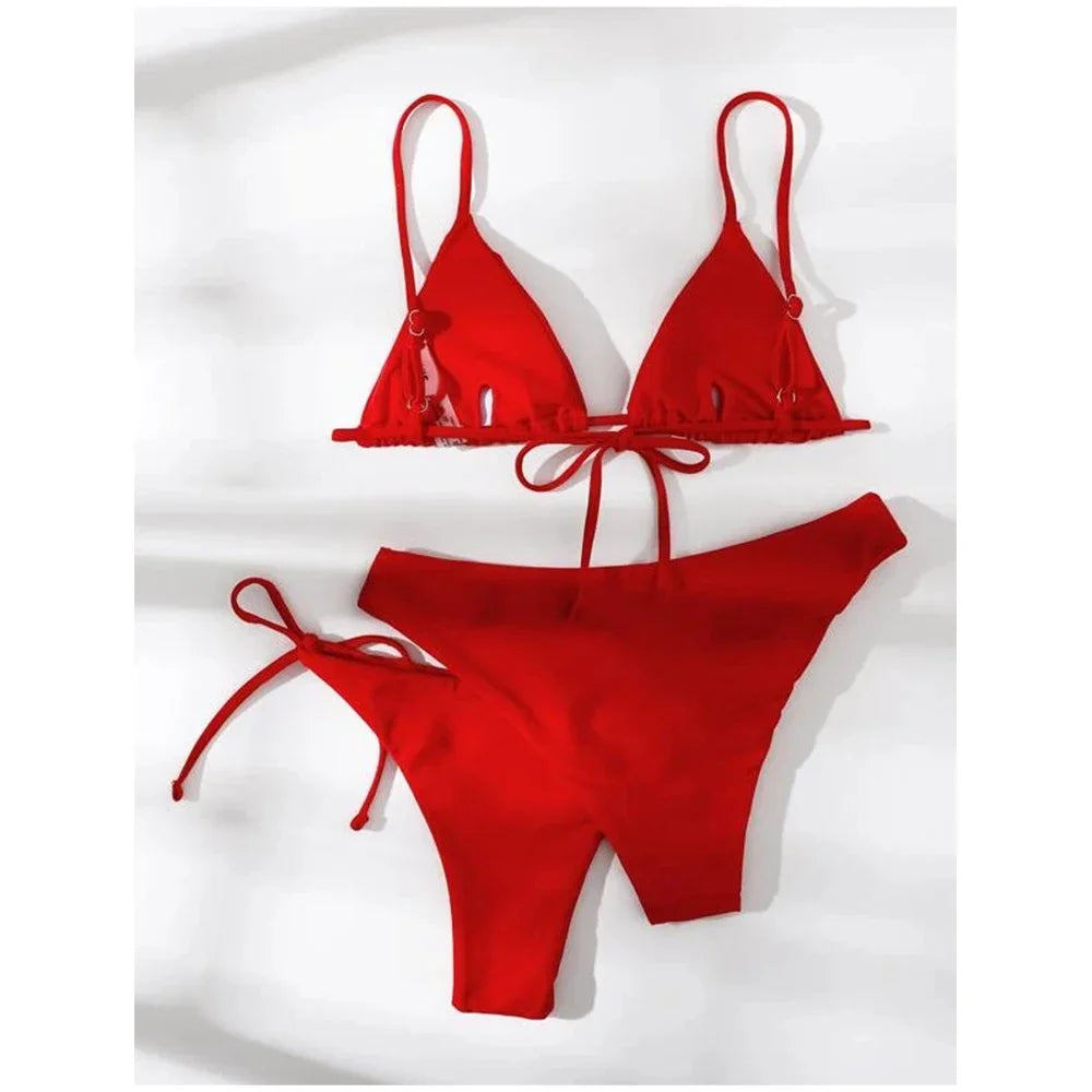 Sexy 3 Pieces Set Swimwear Women Lace Up Micro Bikini Set Female Solid Low Waist Swimsuit Beachwear Bathing Suit