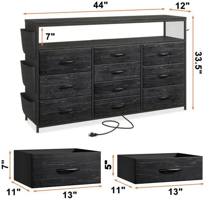 Dresser TV Stand with 10 Drawers for 55" TV Stand for Bedroom with LED Lights & Power Outlets Wide Dresser for Bedroom with Shel