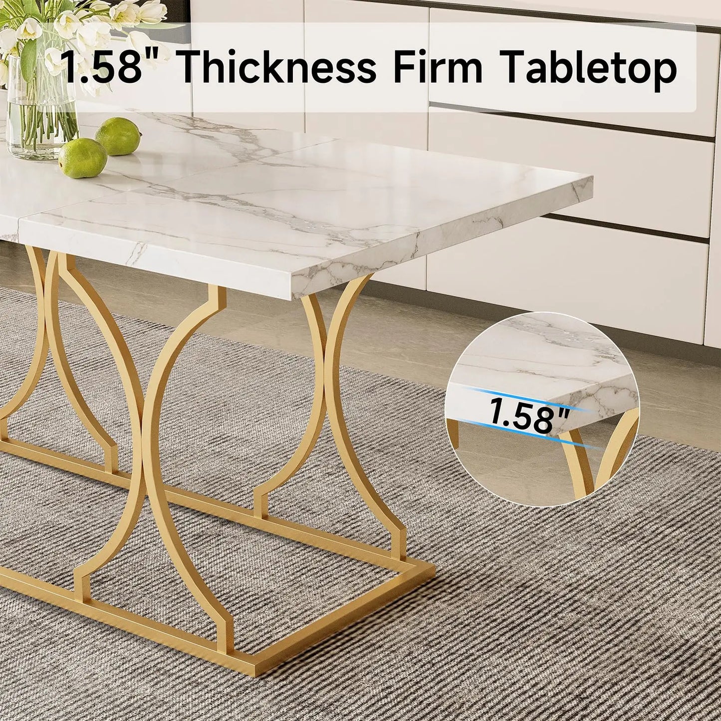 Round Dining Table 47.24 Inch Kitchen Table for 4 People Wooden Marble Pattern Dinner Room Table with Gold Base for Home office