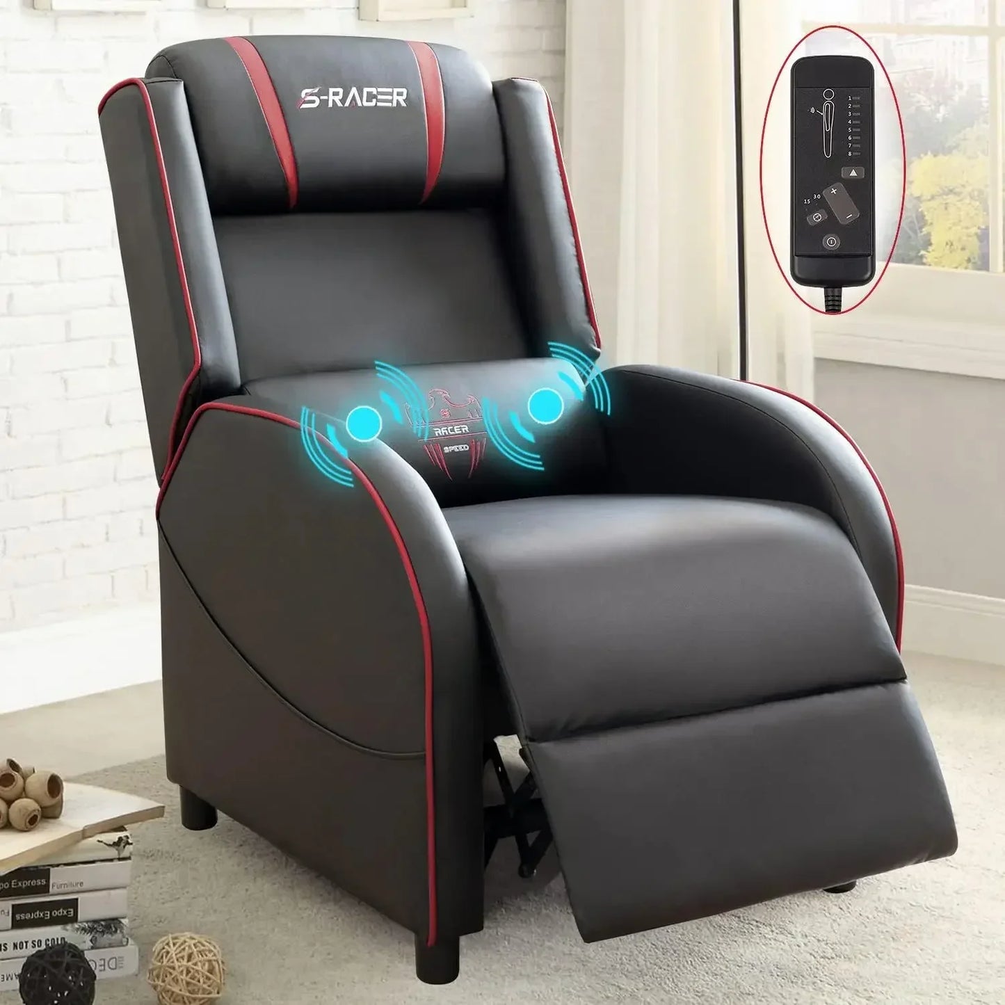 LED Gaming Massage Recliner Chair, Racing Style Single Living Room Sofa Comfortable Ergonomic Home Theater Seating, Chairs