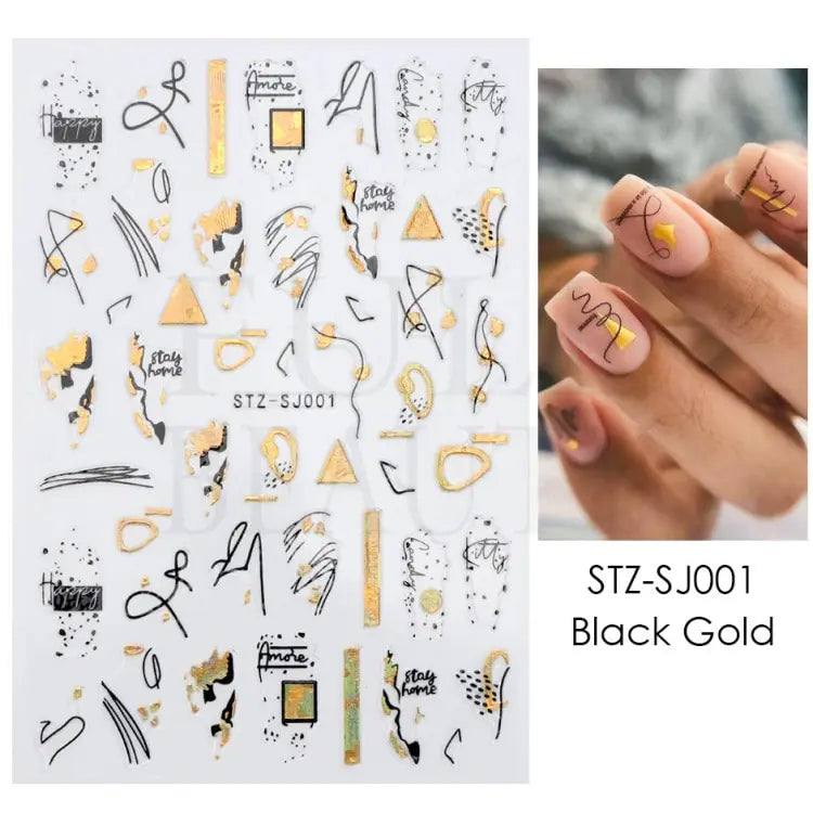 Abstract Geometry Stickers For Nail 3D Laser Gold Black Leaves Heart Line Adhesive Sliders Decor Holographic Decal