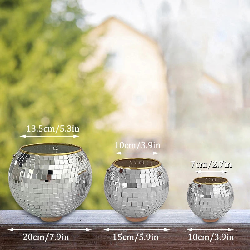 1PC Disco Ball Creative Round Flowerpot Hanging Basket Plastic Glass Mirror Plant Planting Pot Succulent Slivery