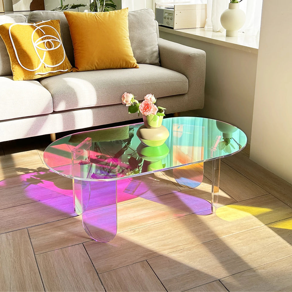 Acrylic Coffee Table, Iridescent Acrylic End Table, Colorful Acrylic Side Table 37.4 in (L) x 19.7 in (W) x 14.2IN (H)