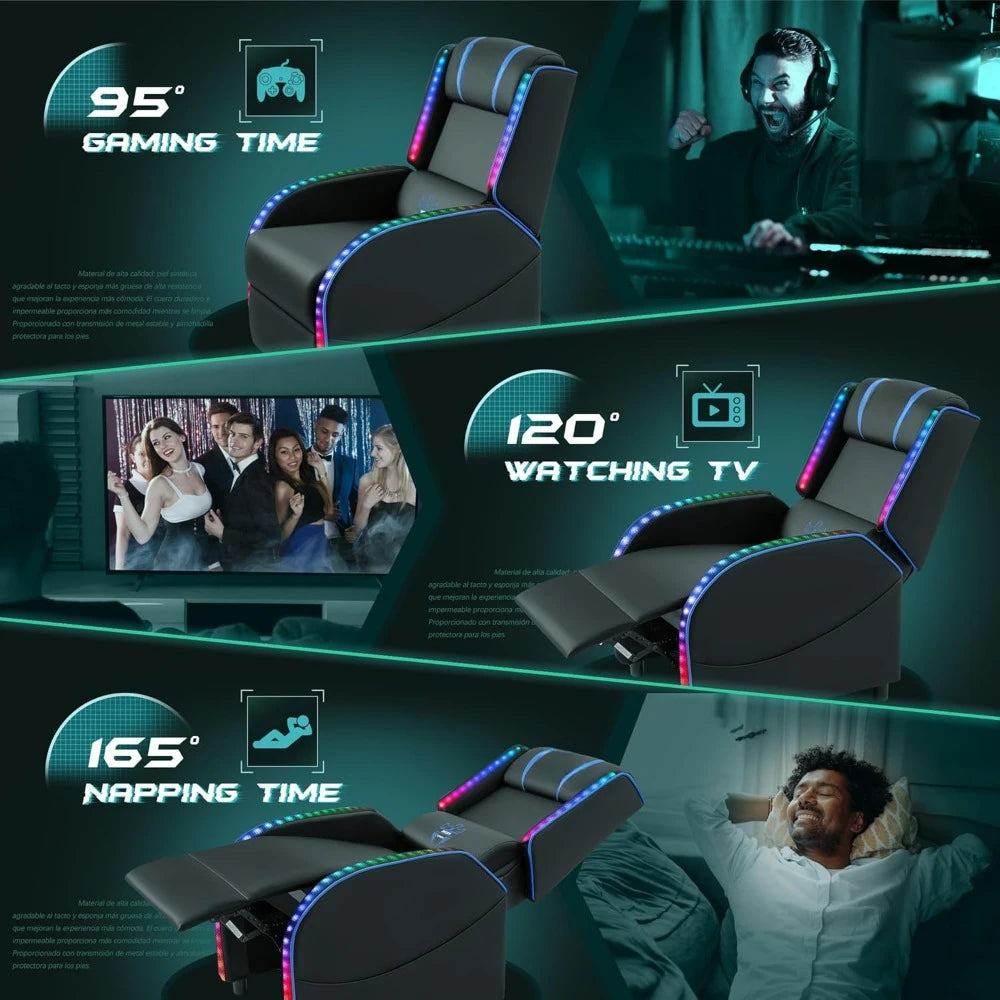 LED Gaming Massage Recliner Chair, Racing Style Single Living Room Sofa Comfortable Ergonomic Home Theater Seating, Chairs