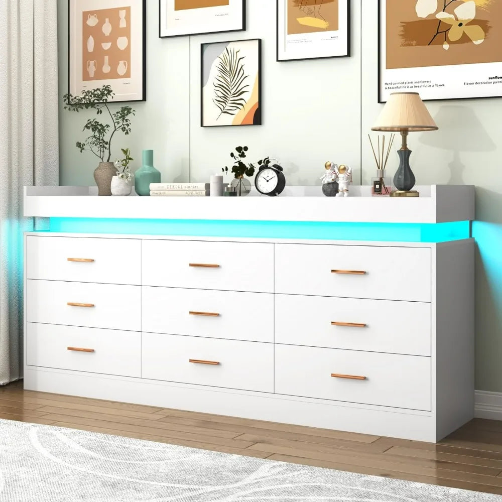 9 Drawer Dresser with LED Light, Modern Chest of Drawers for Closet, Wide Drawer Organizer Cabinet for Bedroom, White