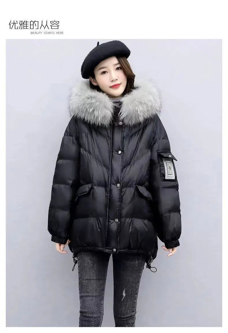 2024 Winter New Warm Down Cotton Jacket With Large Fur collar Hooded Coat Loose Women Thicken Parker Puffer Overcoat Casual wear