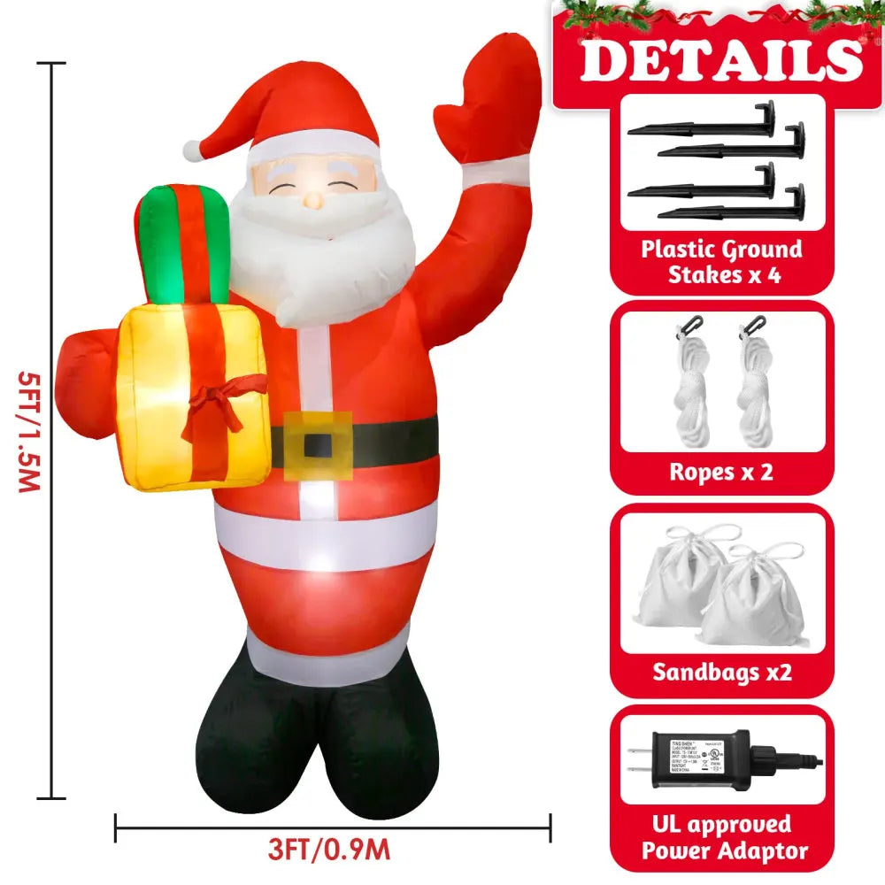 1.5M/5FT Christmas Inflatable Santa Claus Outdoor Decoration for Yard, Weatherproof Vacation Holiday Party Decor for Garden Lawn