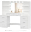 Makeup Vanity Table with Mirror & Lights, Vanity Desk with Power Strip, Large Drawer & Six Open Storage Dresser, Dressing Table