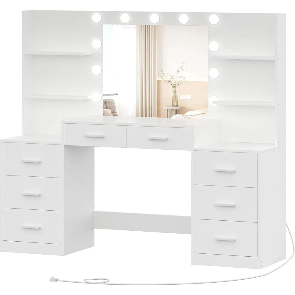 Makeup Vanity Table with Mirror & Lights, Vanity Desk with Power Strip, Large Drawer & Six Open Storage Dresser, Dressing Table