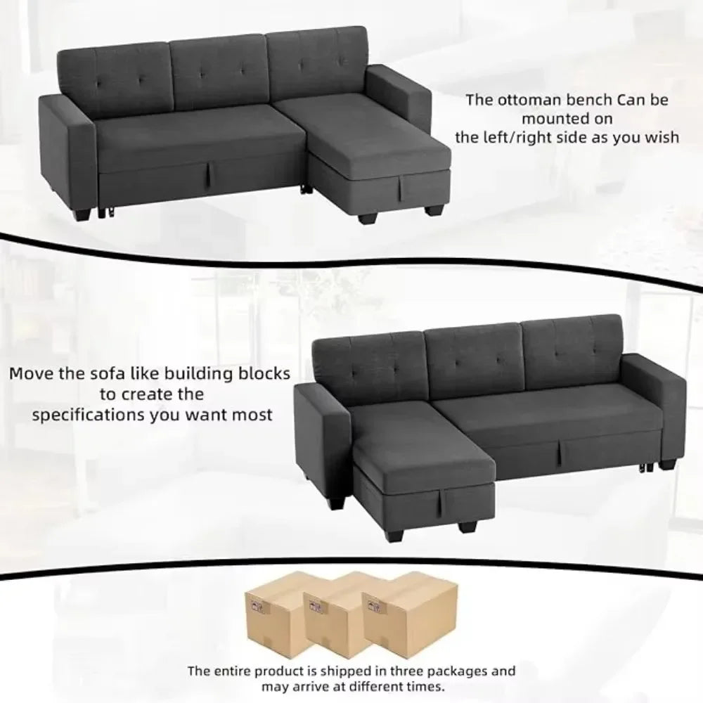 Sofa Bed Reversible Convertible Sleeper Pull Out Couches with Storage Chaise, Linen Fabric Furniture for Living Room, Bedroom