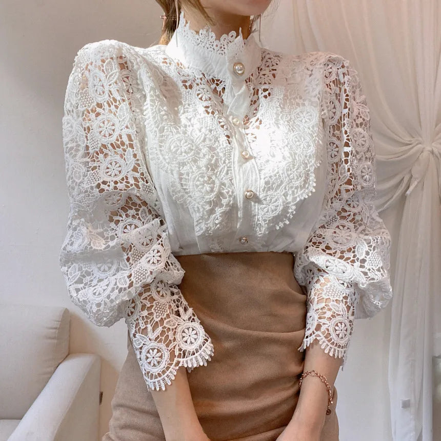 Fashion Long Sleeve Women Blouse Hollow Out Lace Blouse Shirt Tops Women Blusas Mujer De Moda 2024 Blouses Femme Women Shirts