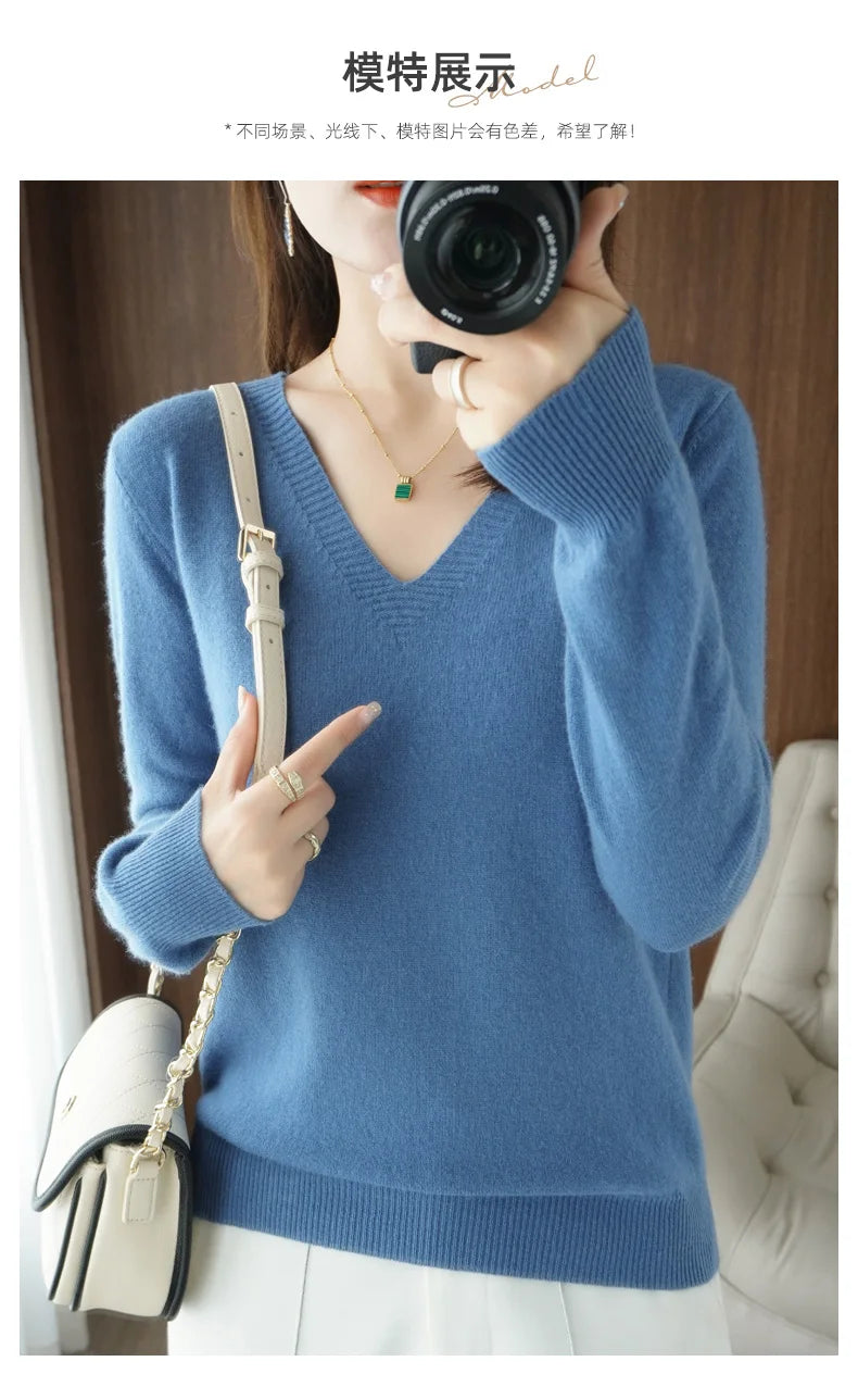 New Cashmere Women's V-neck Pullover Lace Neck Hollow Out Design Casual Knitted Long Sleeve Women's Sweater Autumn And Winter