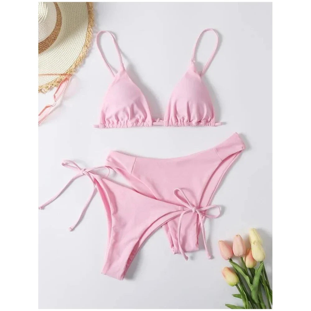 Sexy 3 Pieces Set Swimwear Women Lace Up Micro Bikini Set Female Solid Low Waist Swimsuit Beachwear Bathing Suit