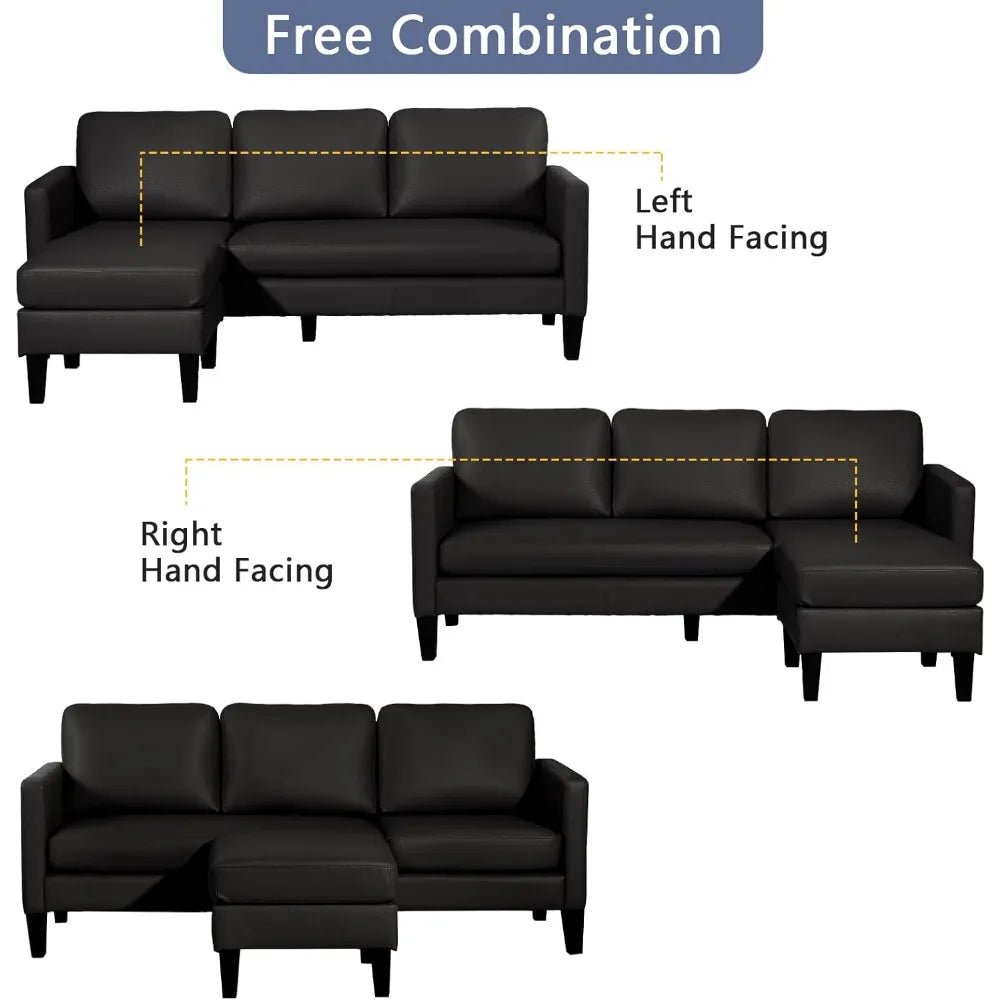 Convertible Sectional Sofa Couch, Faux Leather Sectional Sofa Couch with Reversible Chaise L Shaped Couch Sofa Set 3 Seater