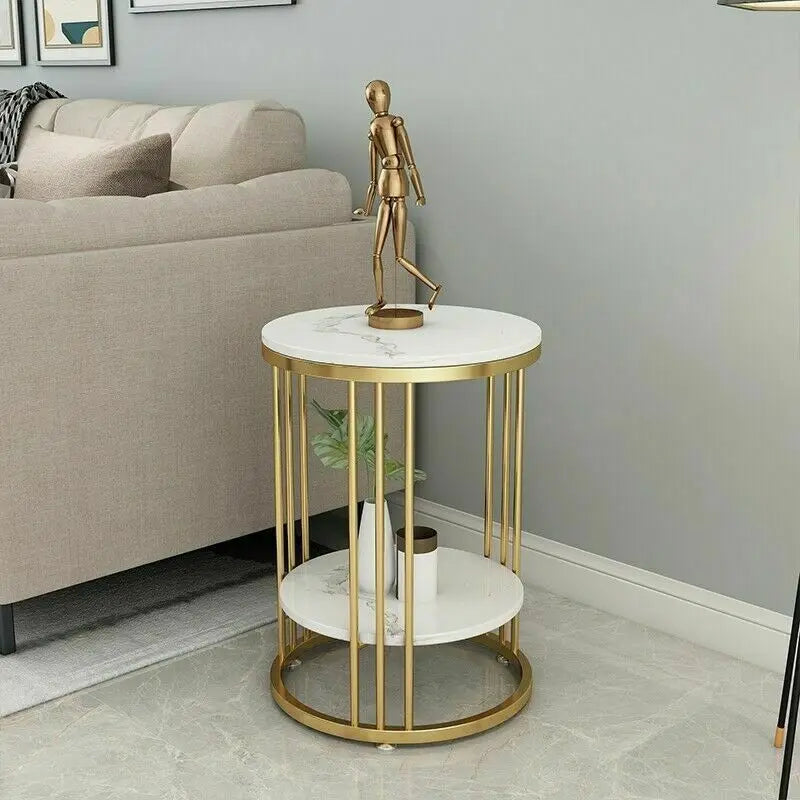 2-Tier White Marble Side Table Round Coffee Table Nightstand Jewellery Storage