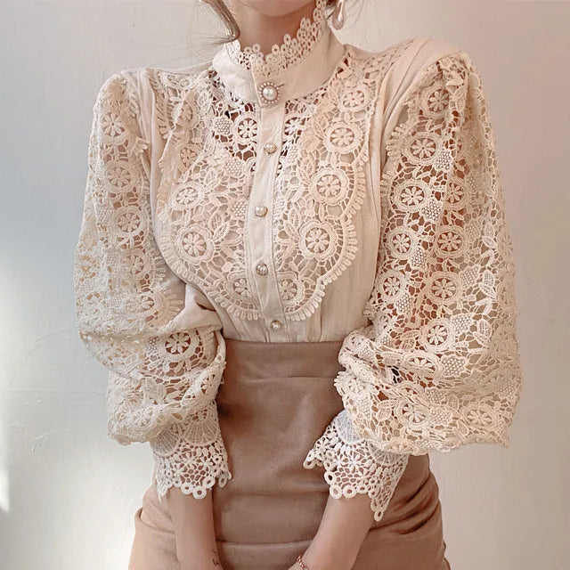 Fashion Long Sleeve Women Blouse Hollow Out Lace Blouse Shirt Tops Women Blusas Mujer De Moda 2024 Blouses Femme Women Shirts