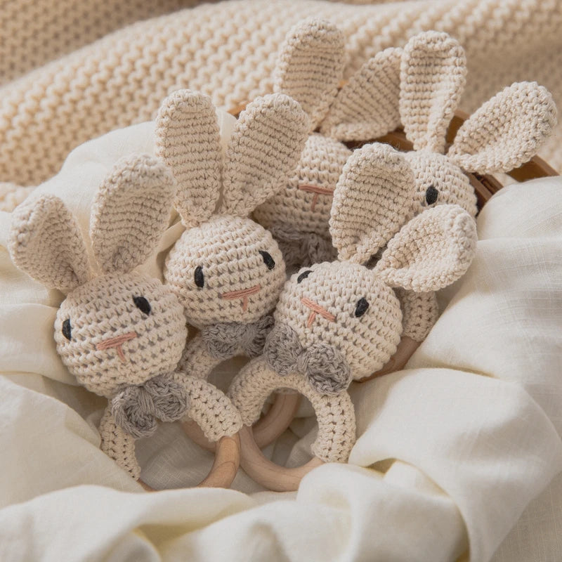 Baby Crochet Rattle Wooden Teether Toy BPA Free Wood Rodent Rabbit Rattle Baby Mobile Play Gym Newborn Educational Music Toys