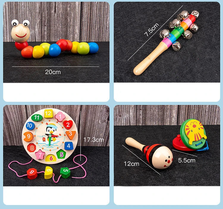 9 in 1 Wooden Montessori Toys Rattle Bell Drum Column Set Musical Instruments Sensory Early Baby Toy Toddler Education