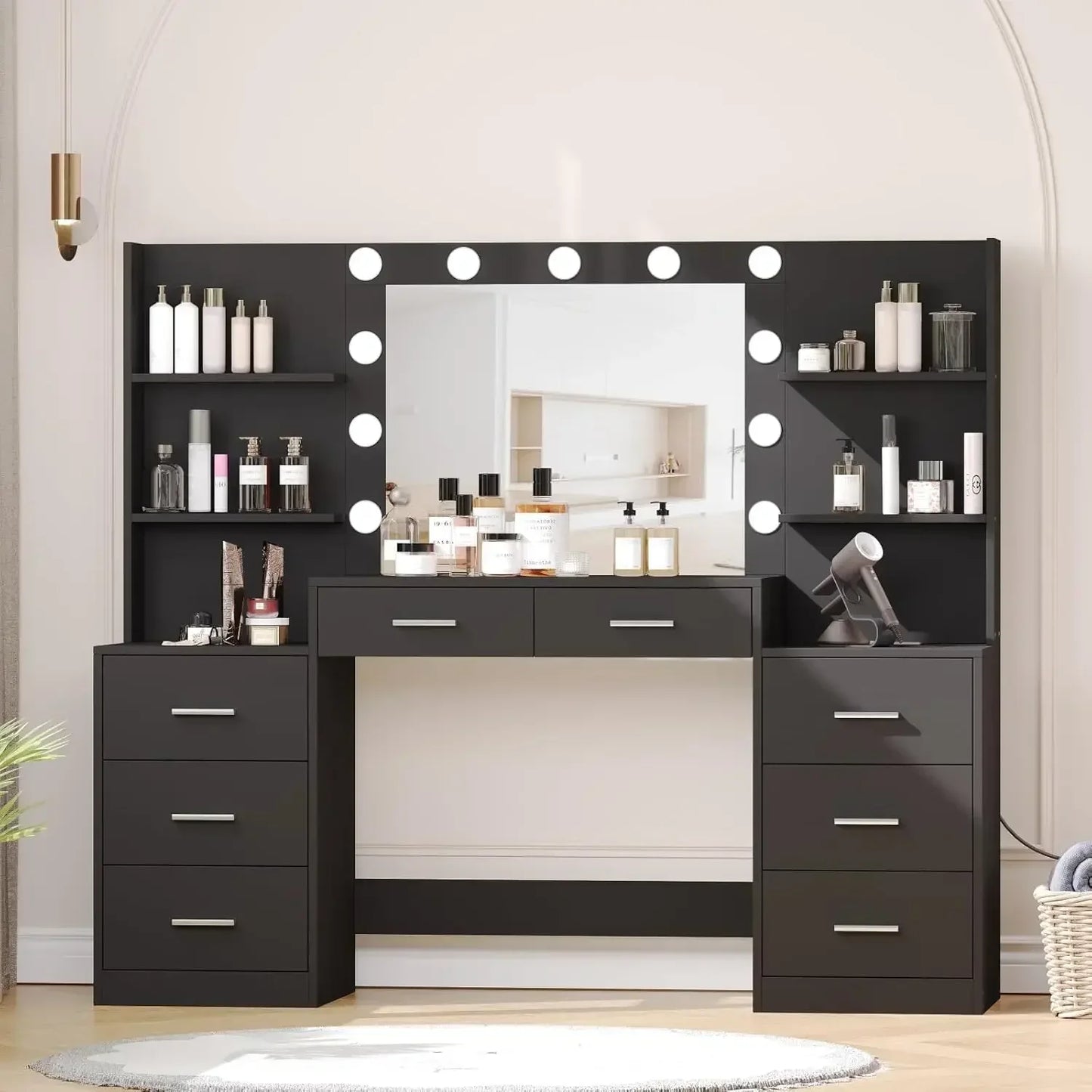 Makeup Vanity Table with Mirror & Lights, Vanity Desk with Power Strip, Large Drawer & Six Open Storage Dresser, Dressing Table