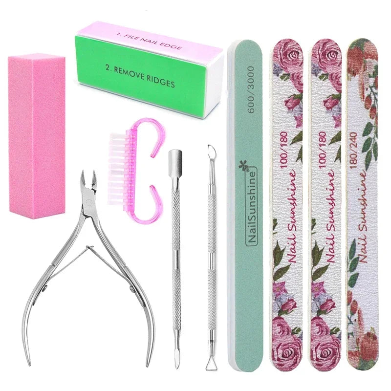 Manicure Set Nail Tools Kit Cuticle Pusher Clippers Nails Files Buffer Sanding Cleaning Brush Dead Skin Scissors Nail Care Kits