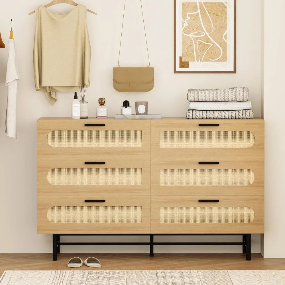 Wooden Dresser for Bedroom, Natural Rattan Dresser with Drawers 6 Drawer Chest of Drawers, Double Dressers Chest for Living Room