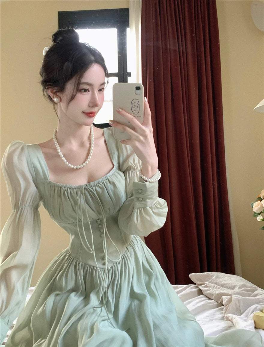 Elegant Princess Party Dress Women High Waist A-line Lace Up Autumn Spring French Vintage Prom Robe One Piece Vestidos Mujer New