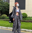 Y2K Parachute Black Pants Women Hippie Streetwear Oversize Pockets Cargo Trousers Harajuku Wide Leg Baggy Sweatpants