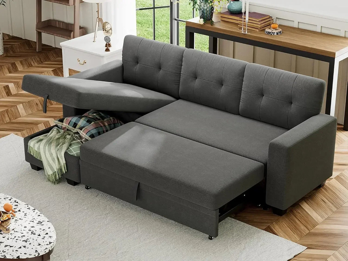 Sofa Bed Reversible Convertible Sleeper Pull Out Couches with Storage Chaise, Linen Fabric Furniture for Living Room, Bedroom