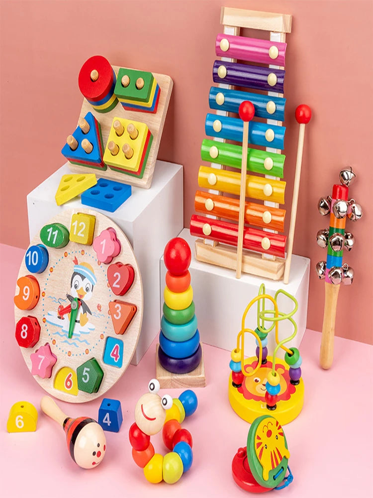 9 in 1 Wooden Montessori Toys Rattle Bell Drum Column Set Musical Instruments Sensory Early Baby Toy Toddler Education